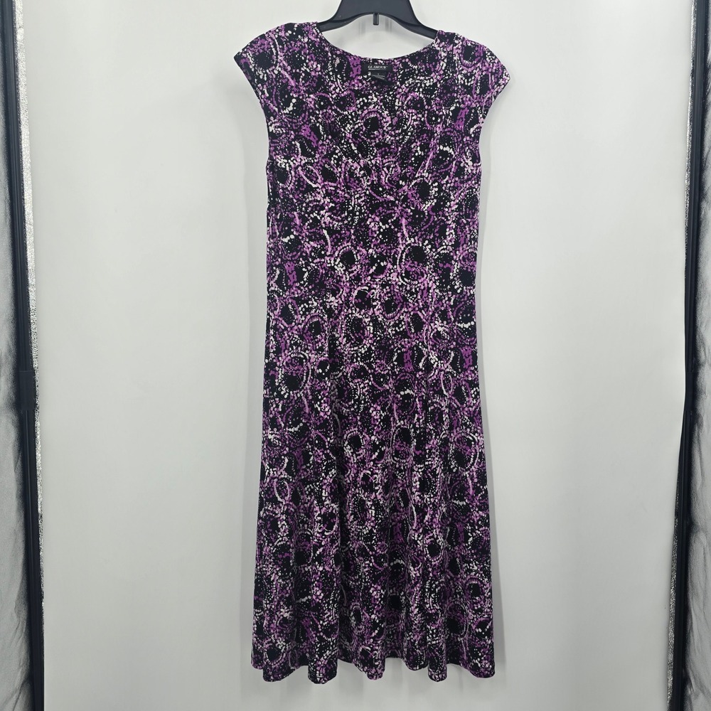 Glamour Womens Dress Size 8 Purple Abstract Dot Print V-Neck Midi A-Line